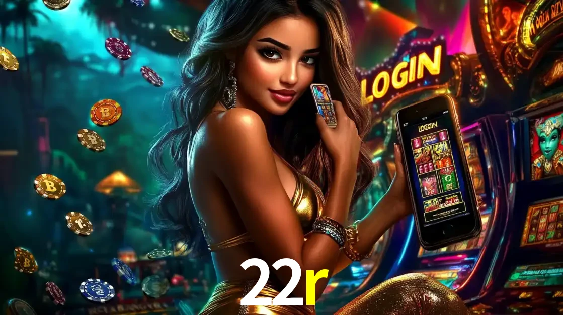 Mulher em um cenário de cassino temático de aventura, mostrando o app de caça-níqueis da 22r no celular. Fichas de apostas flutuam ao redor.