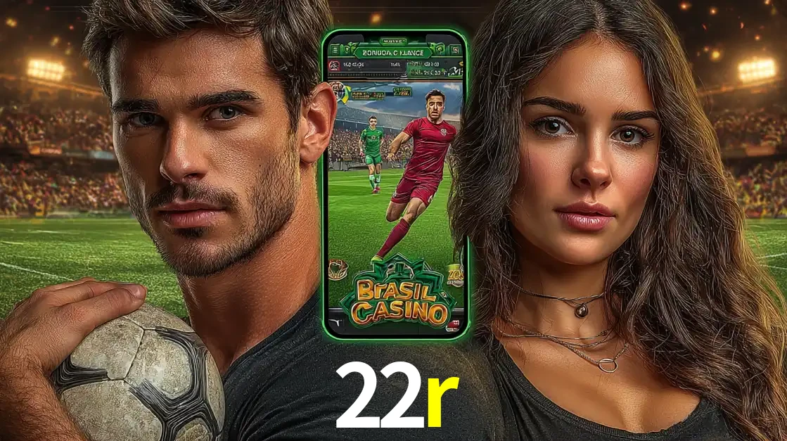 Homem segurando uma bola de futebol e uma mulher ao lado de um smartphone exibindo o jogo de apostas esportivas da 22r. Faça seu palpite no cassino online.